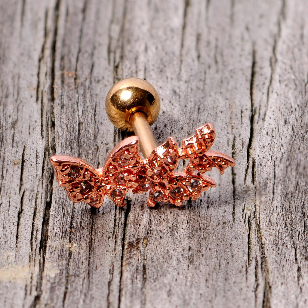 16G 1/4 Clear CZ Gem Rose Gold Tone Butterfly Trio Cartilage Tragus
