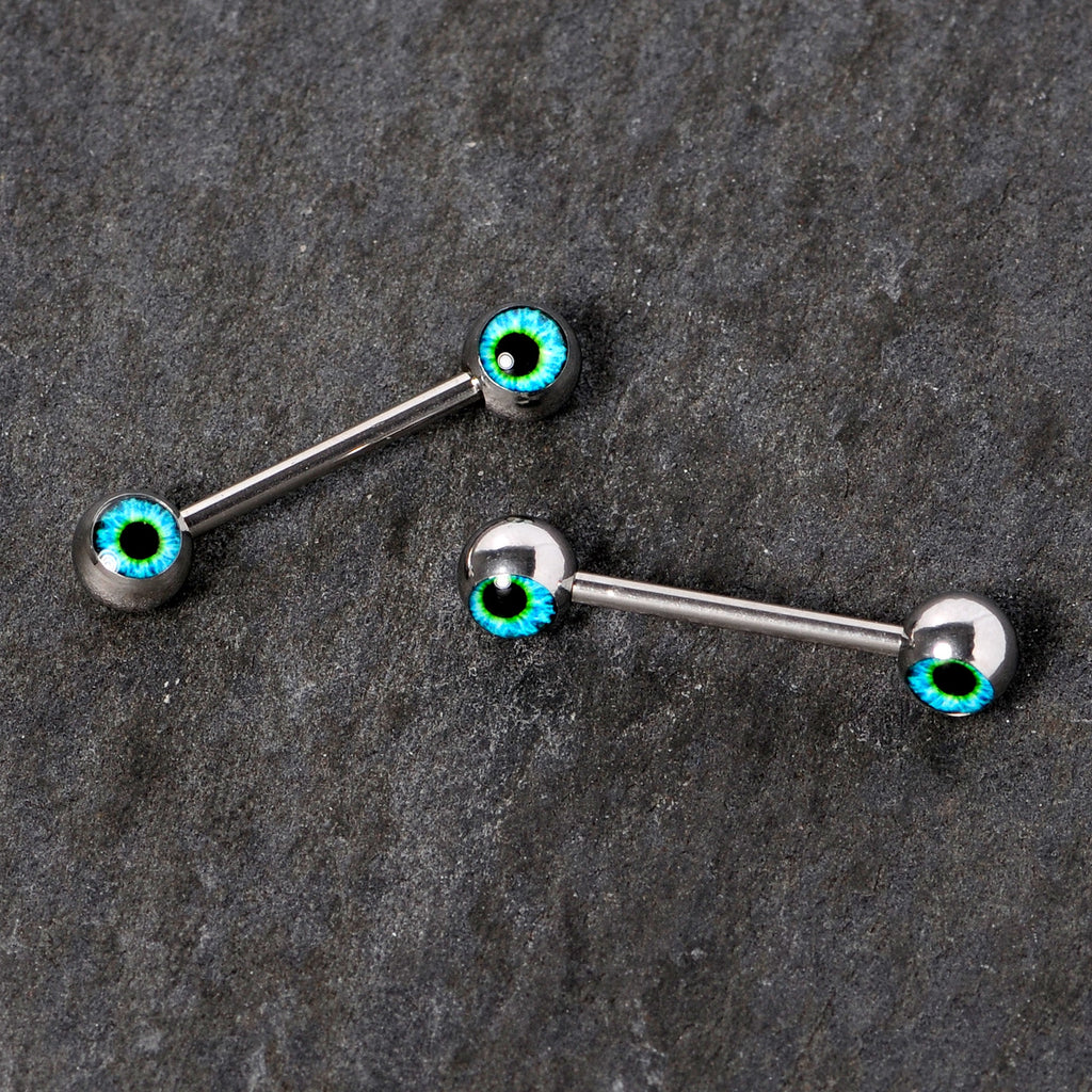 14G 5/8 Haunting Human Blue Eyeball Halloween Nipple Ring Set