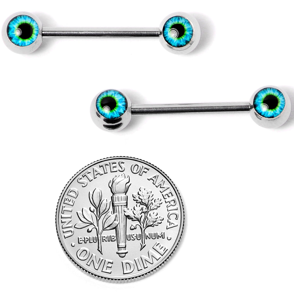 14G 5/8 Haunting Human Blue Eyeball Halloween Nipple Ring Set
