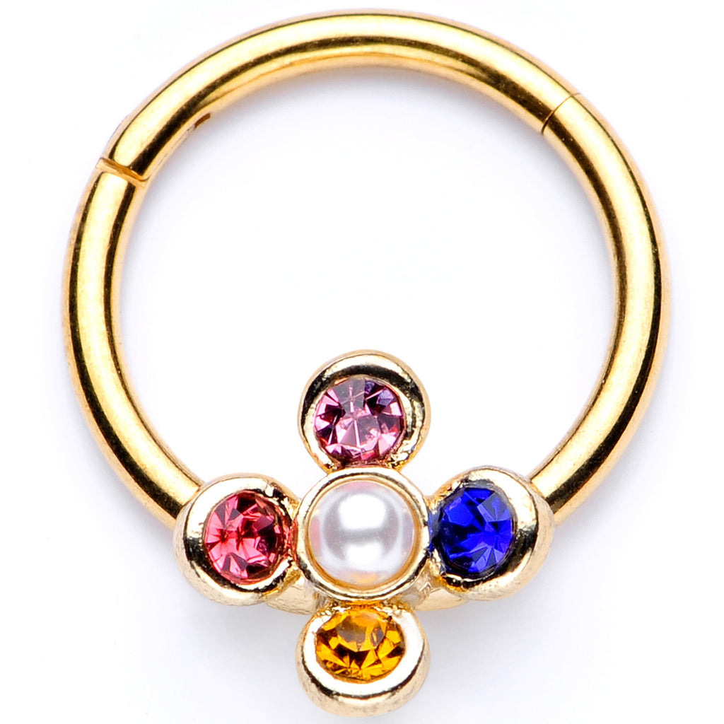 16G 3/8 Pink Blue Gem Gold Tone Hinged Segment Ring