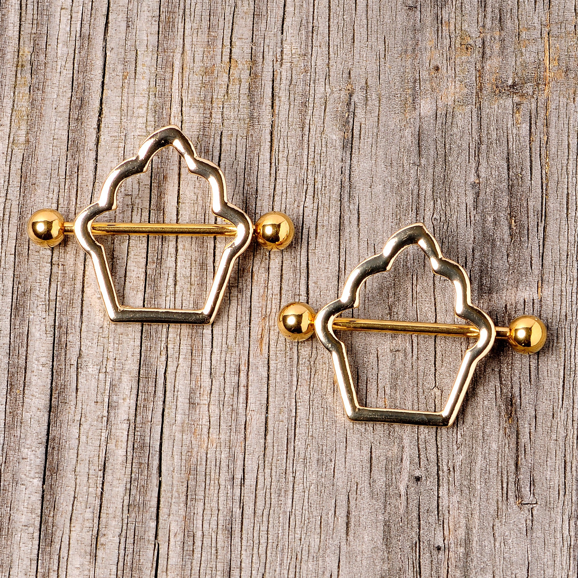 14G 9/16 Gold Tone Hollow Cupcake Nipple Shield Set
