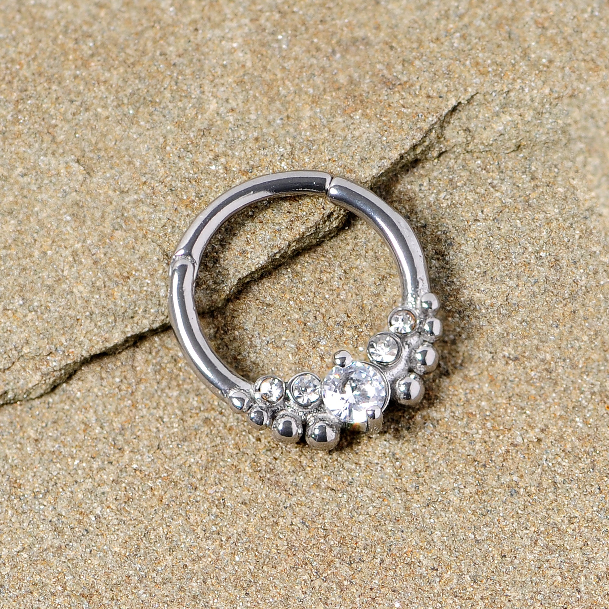 16G 3/8 Clear CZ Gem Classy Circles Hinged Segment Ring