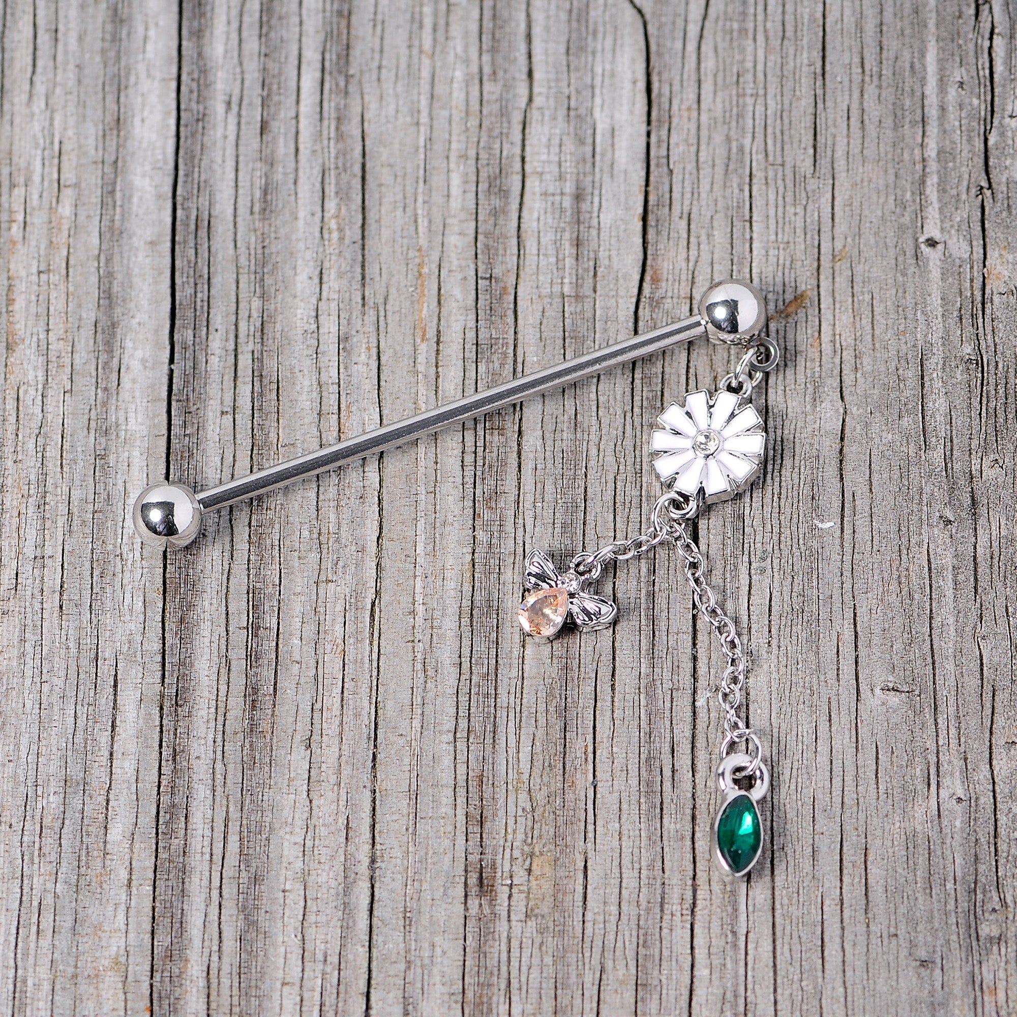 14G Green Yellow Gem Flower Bee Dangle Industrial Barbell 38mm
