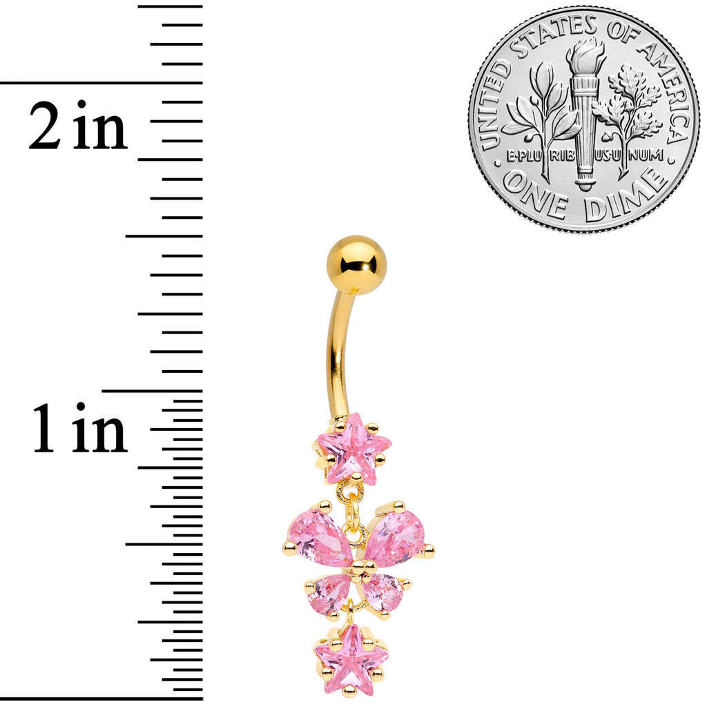 Pink Gem Gold Tone Star Bow Dangle Belly Ring