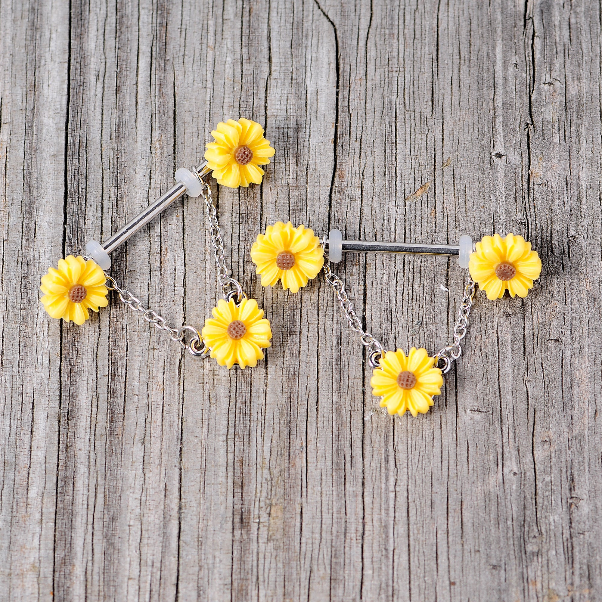 14G 5/8 Yellow Sunflowers Dangle Nipple Ring Set