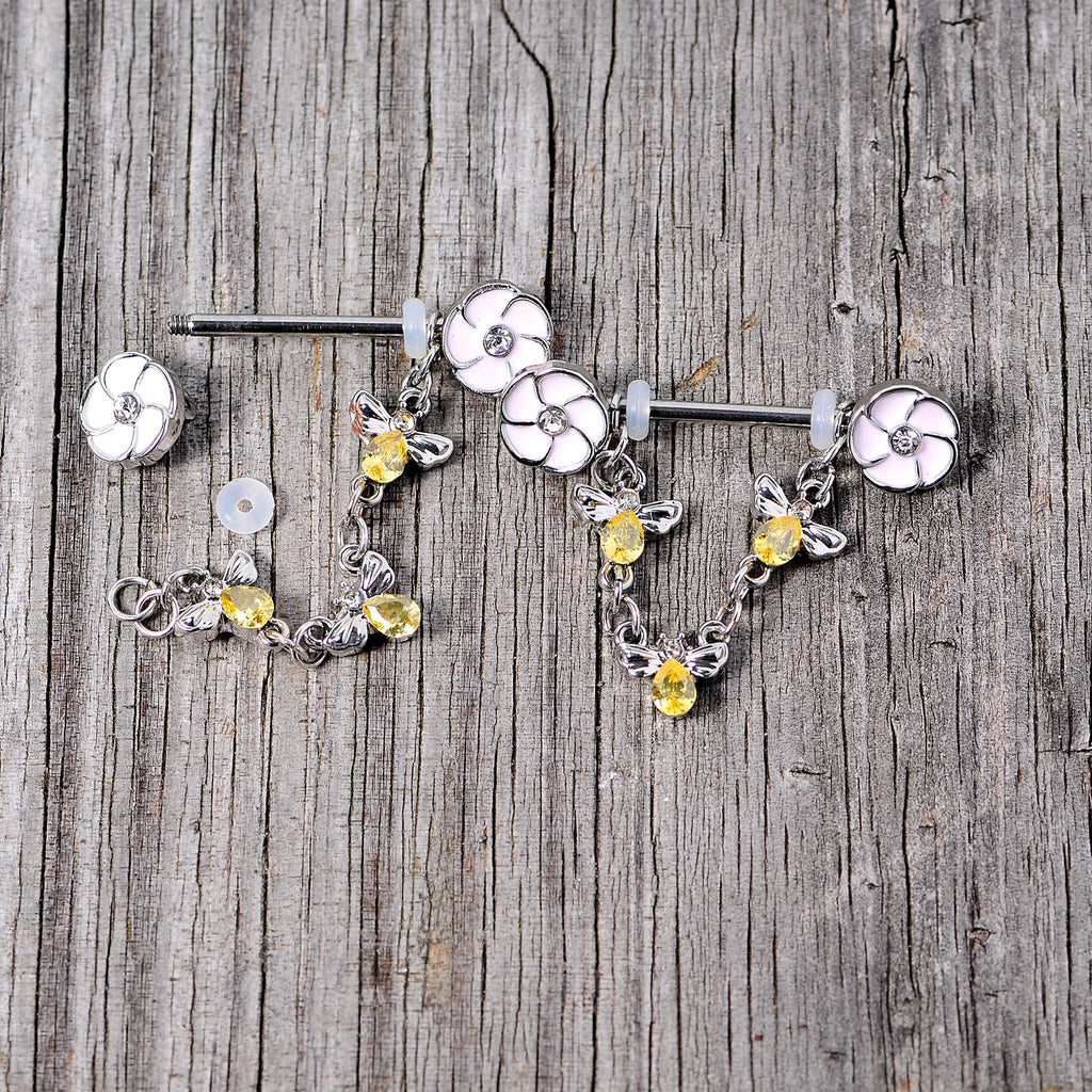 14G 5/8 Yellow Clear Gem Bee Flower Dangle Nipple Ring Set