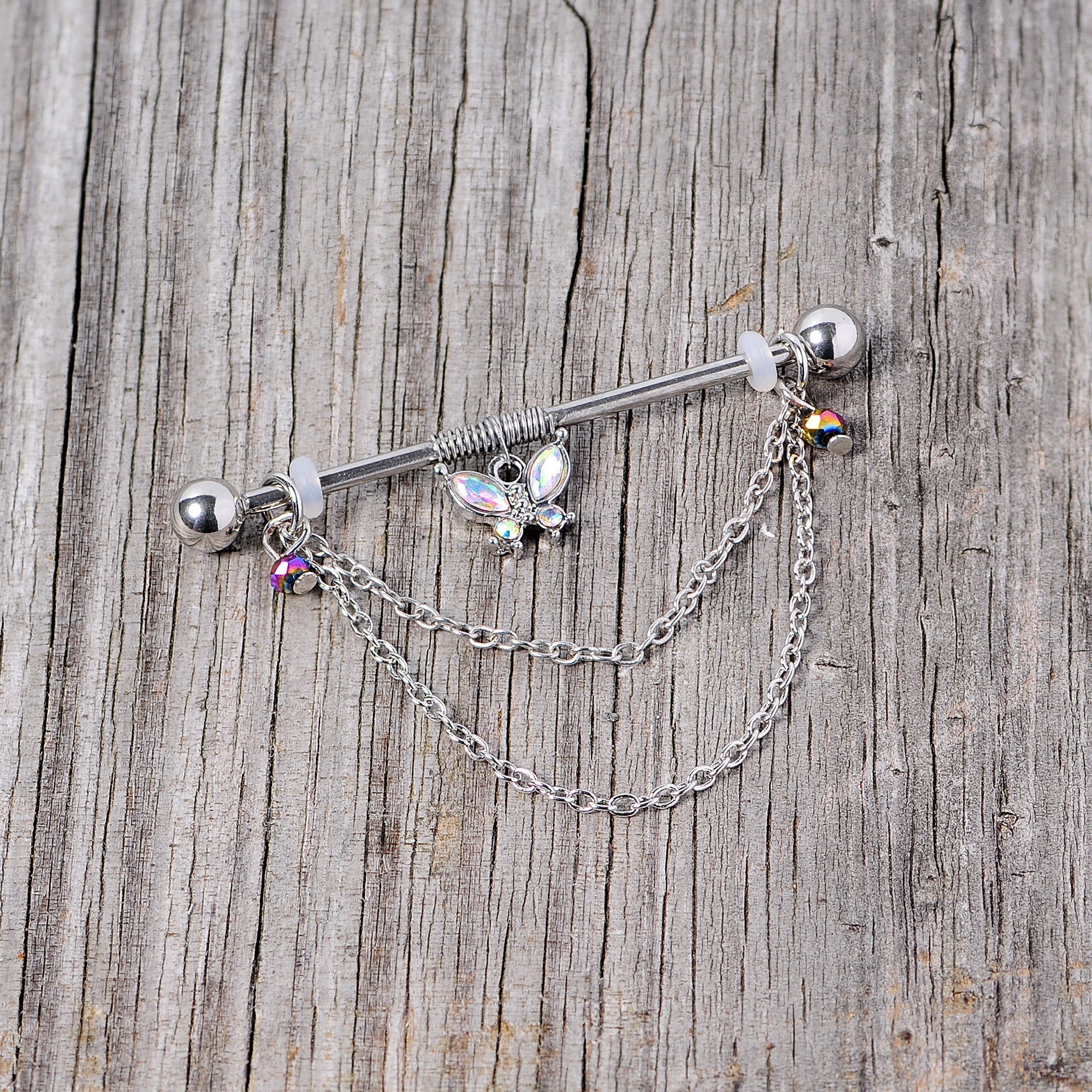 14G Aurora Gem Butterfly Chain Dangle Project Bar 38mm