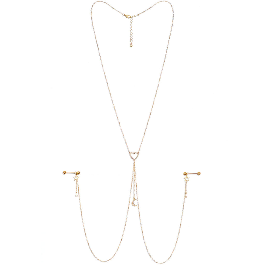 14G 5/8 Clear Gem Gold Tone Heart Star Nipple Chain Necklace