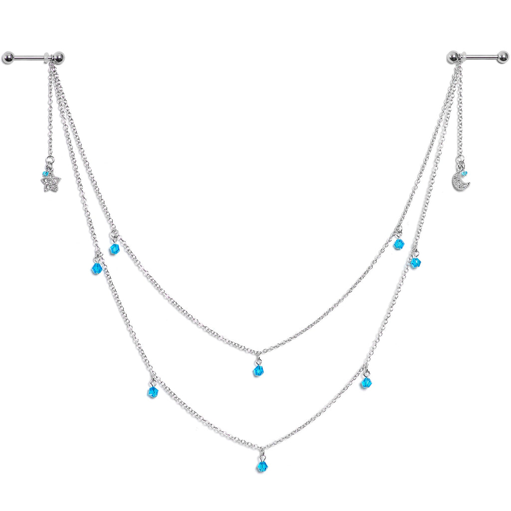 14G 5/8 Blue Gem Moon Star Double Dangle Nipple Chain