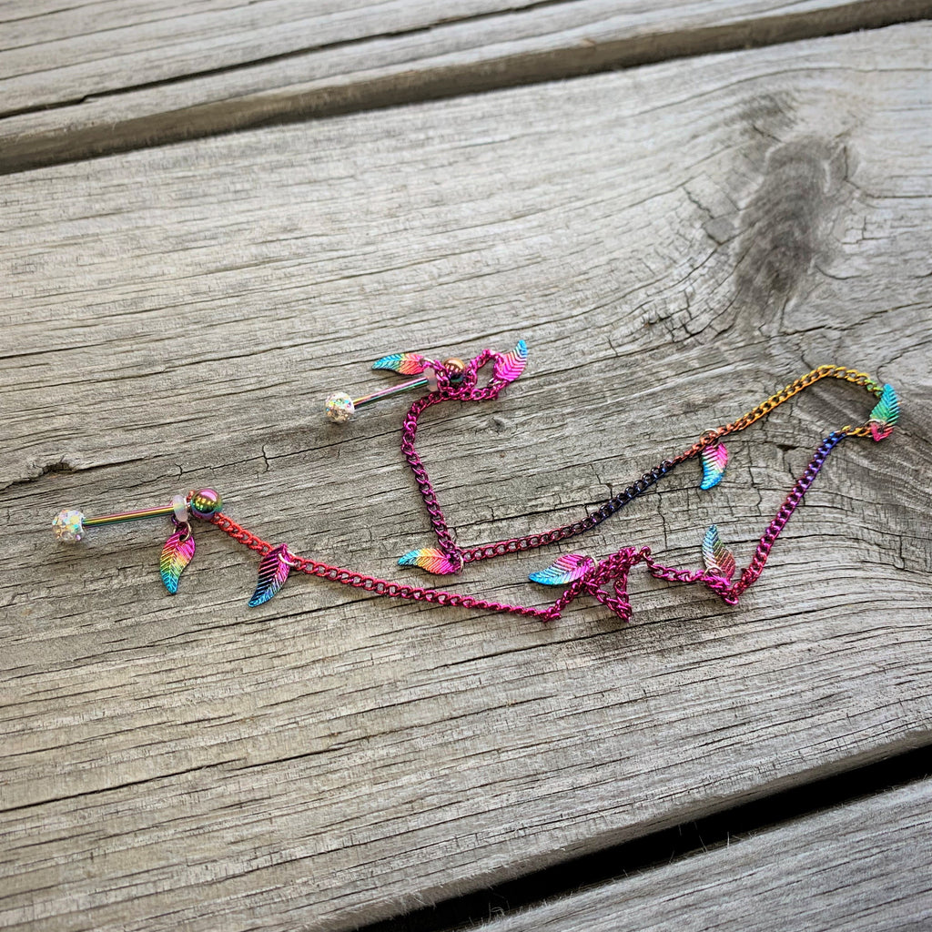 14G 5/8 Clear Gem Rainbow Autumn Leaves Dangle Nipple Chain