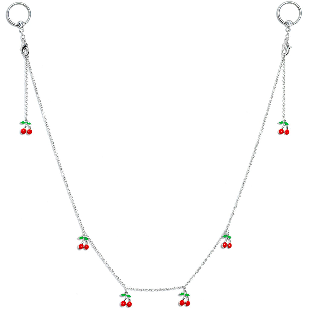 14G 9/16 Clear Gem Red Cherry Captive Ring Dangle Nipple Chain