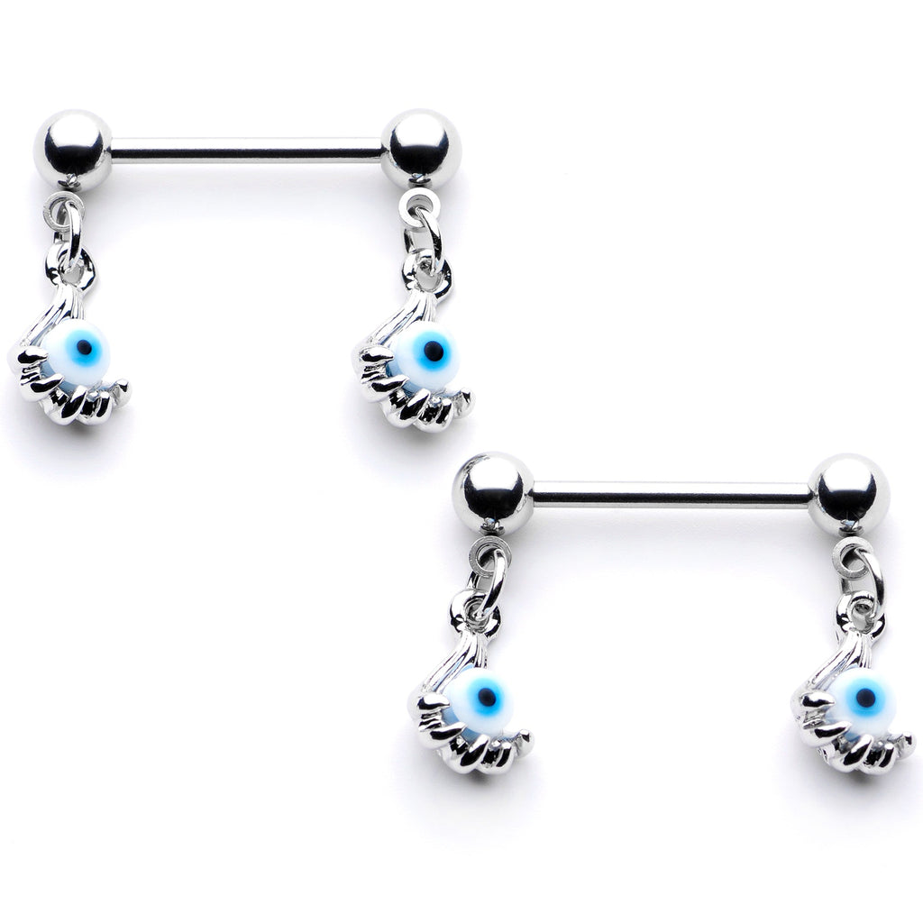 14G 5/8 Blue Eyeball Hand Halloween Dangle Nipple Ring Set