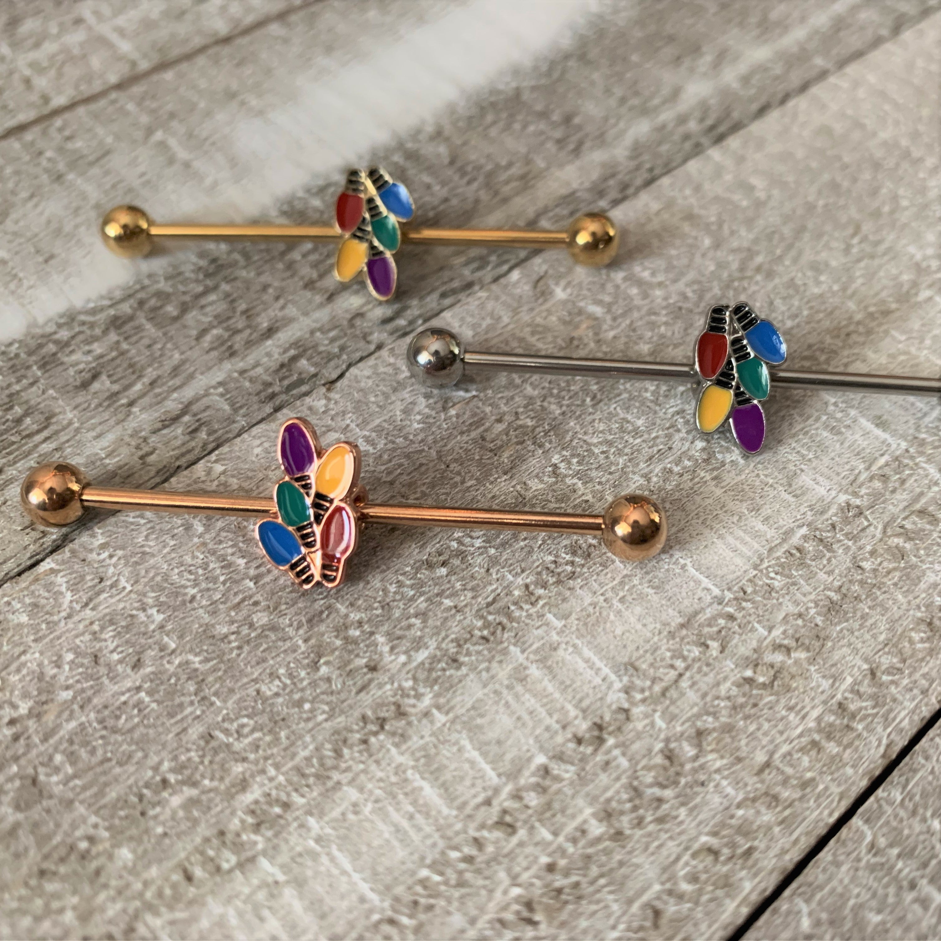 14G Gold Tone Christmas Lights Industrial Barbell 38mm