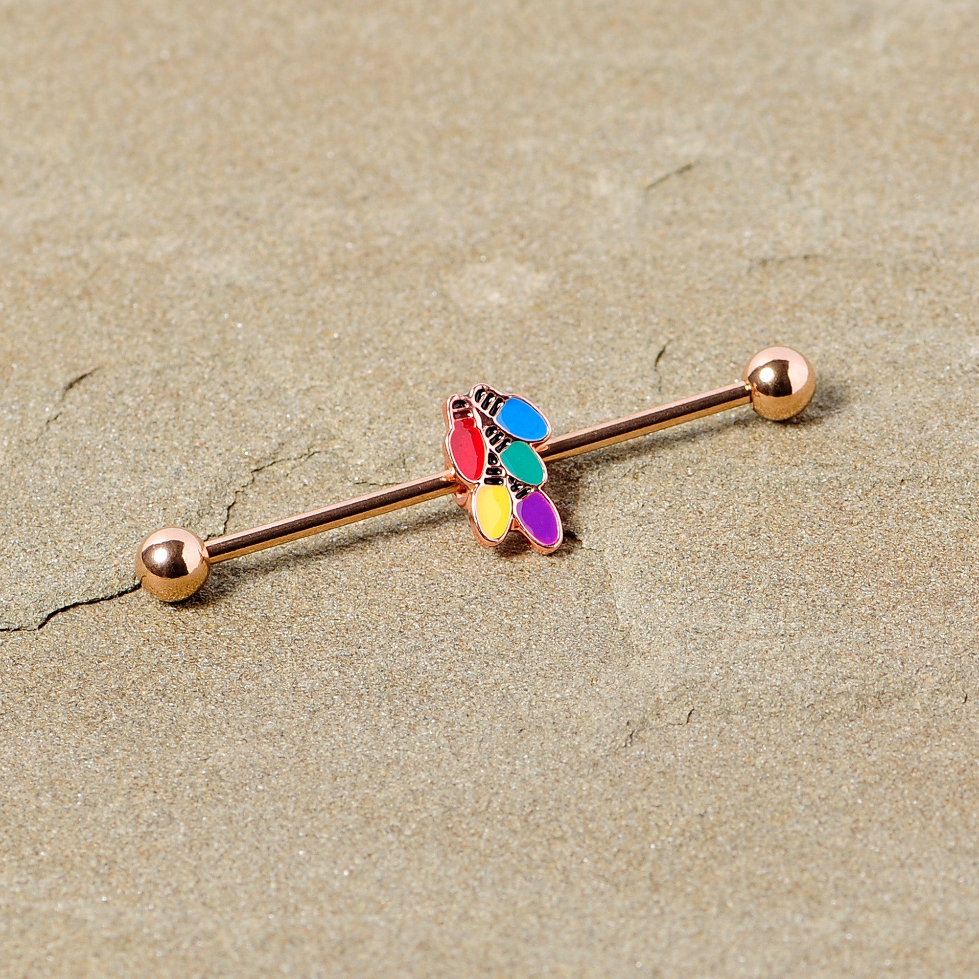 14G Rose Gold Tone Christmas Lights Industrial Barbell 38mm