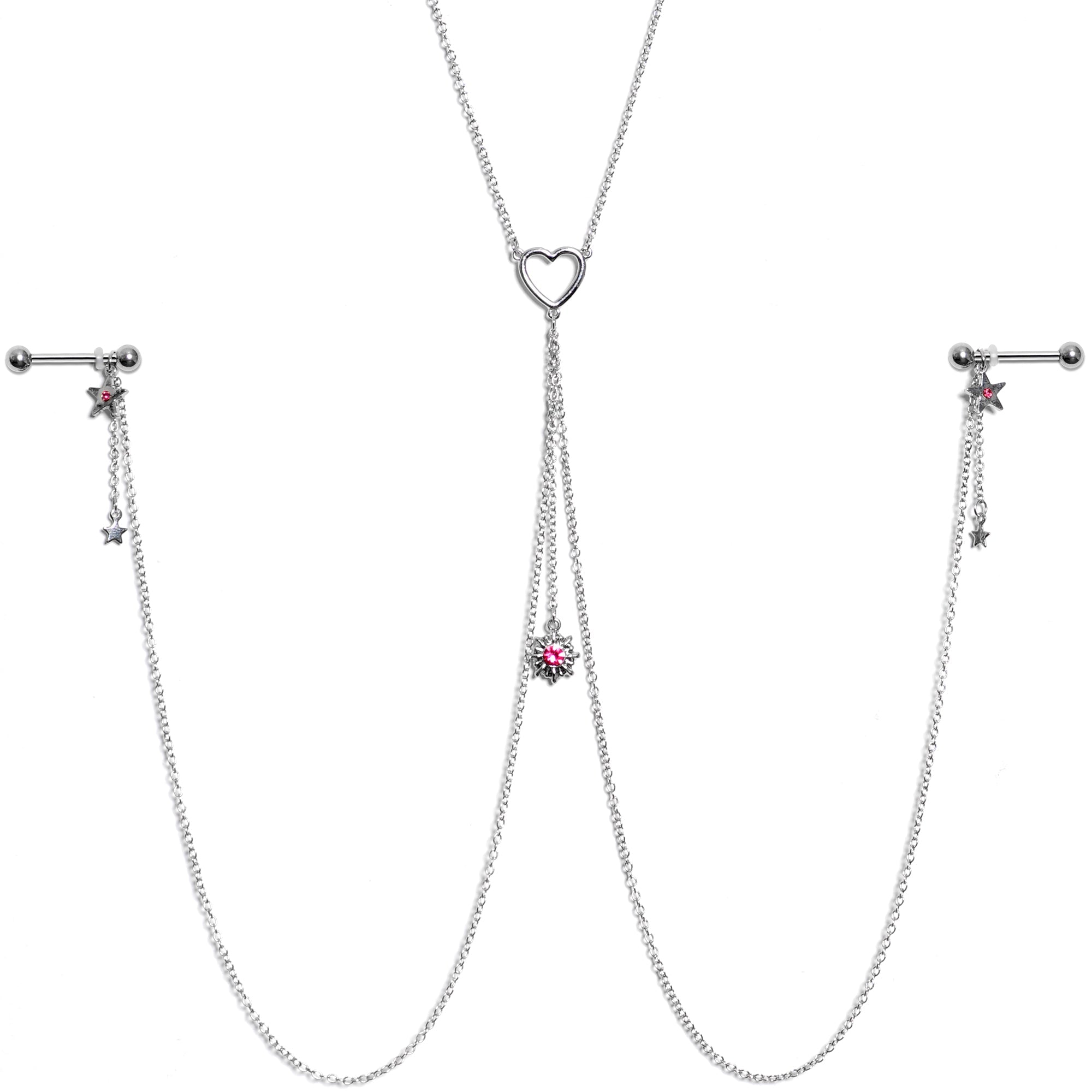 14G 5/8 Pink Gem Sun Heart Star Nipple Chain Necklace
