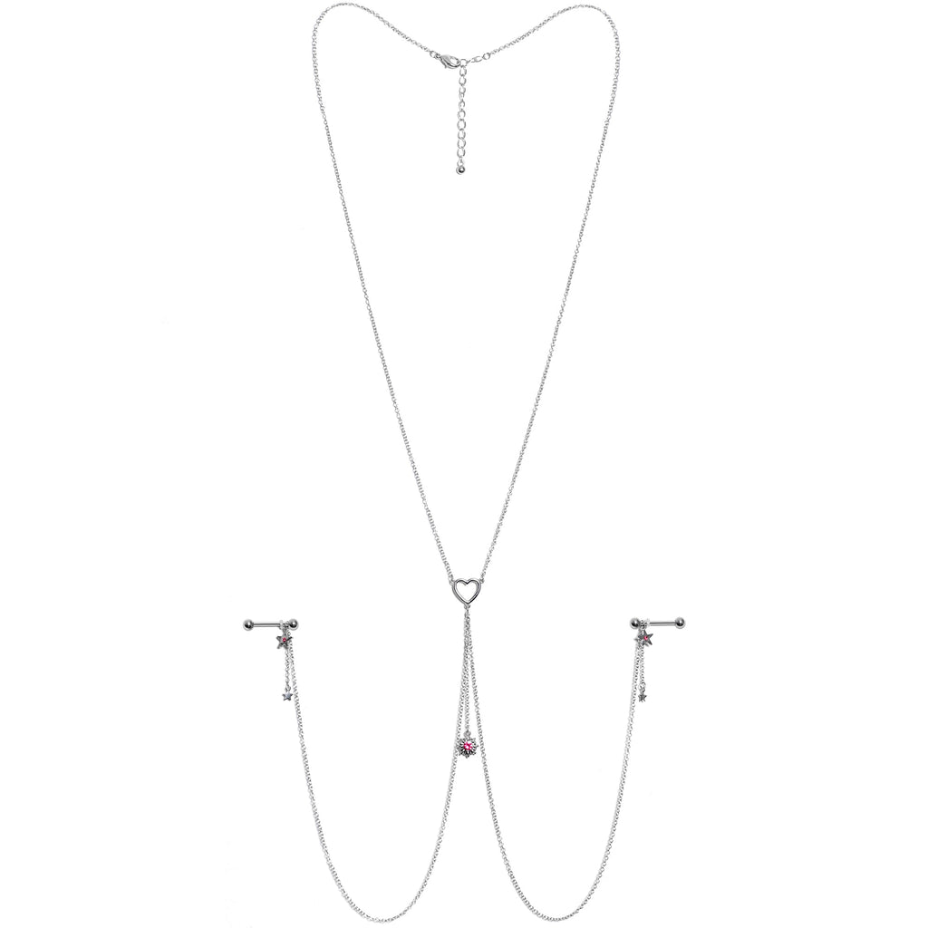 14G 5/8 Pink Gem Sun Heart Star Nipple Chain Necklace