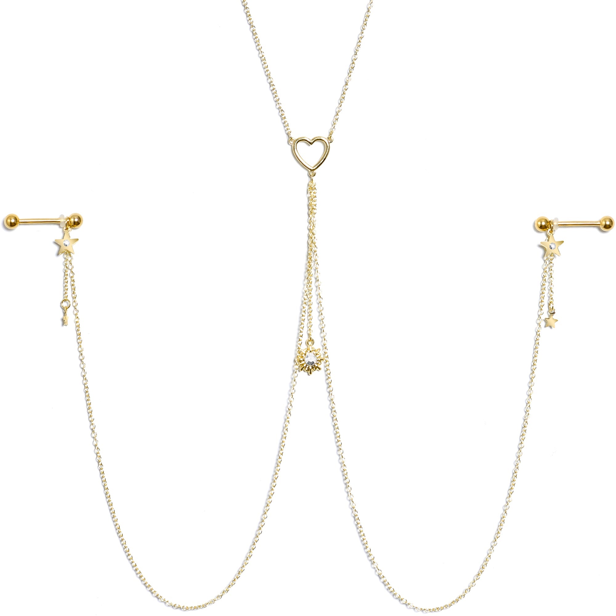 14G 5/8 Clear Gem Gold Tone Sun Heart Star Nipple Chain Necklace