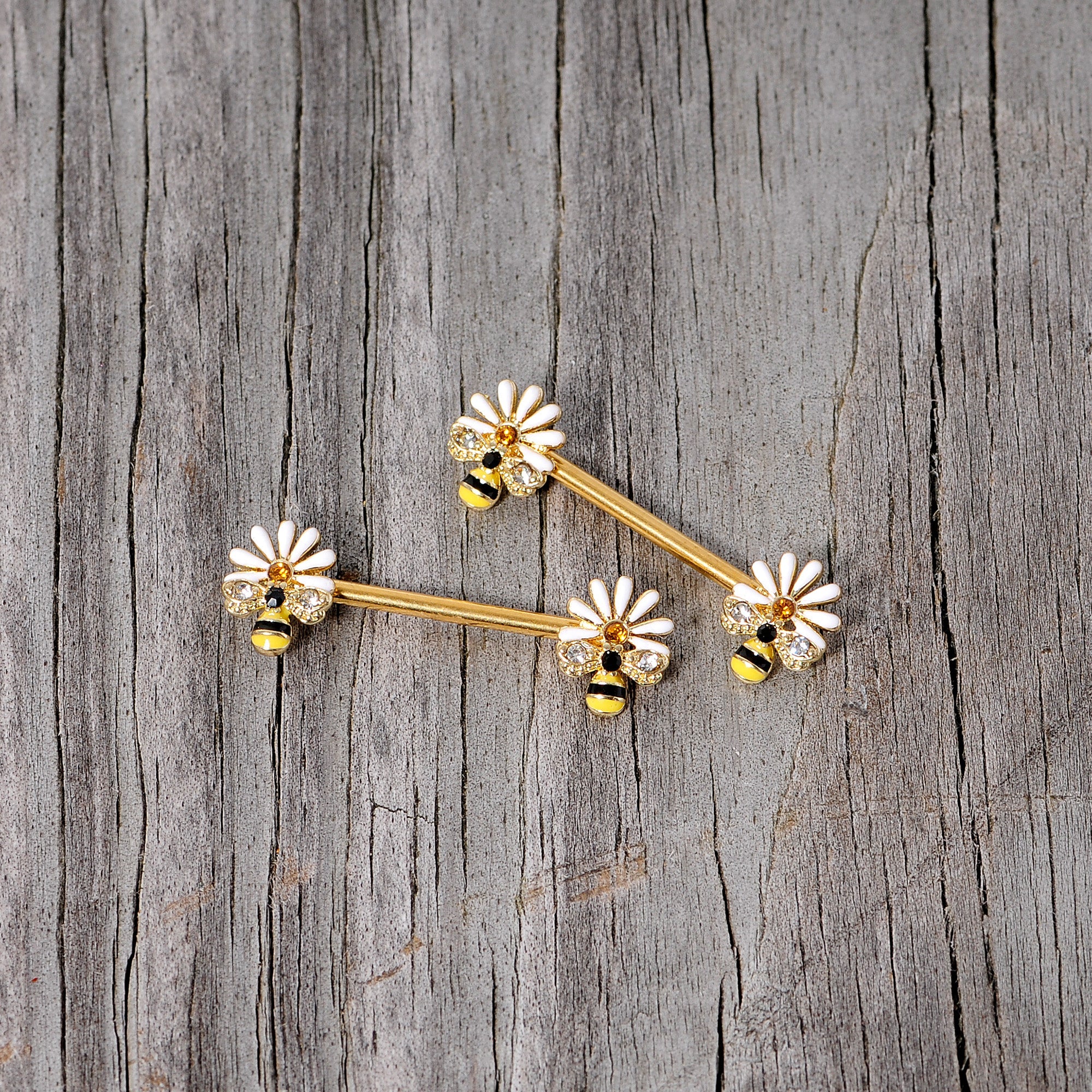 14G 9/16 Clear Gem Gold Tone Flower Bee Barbell Nipple Ring Set