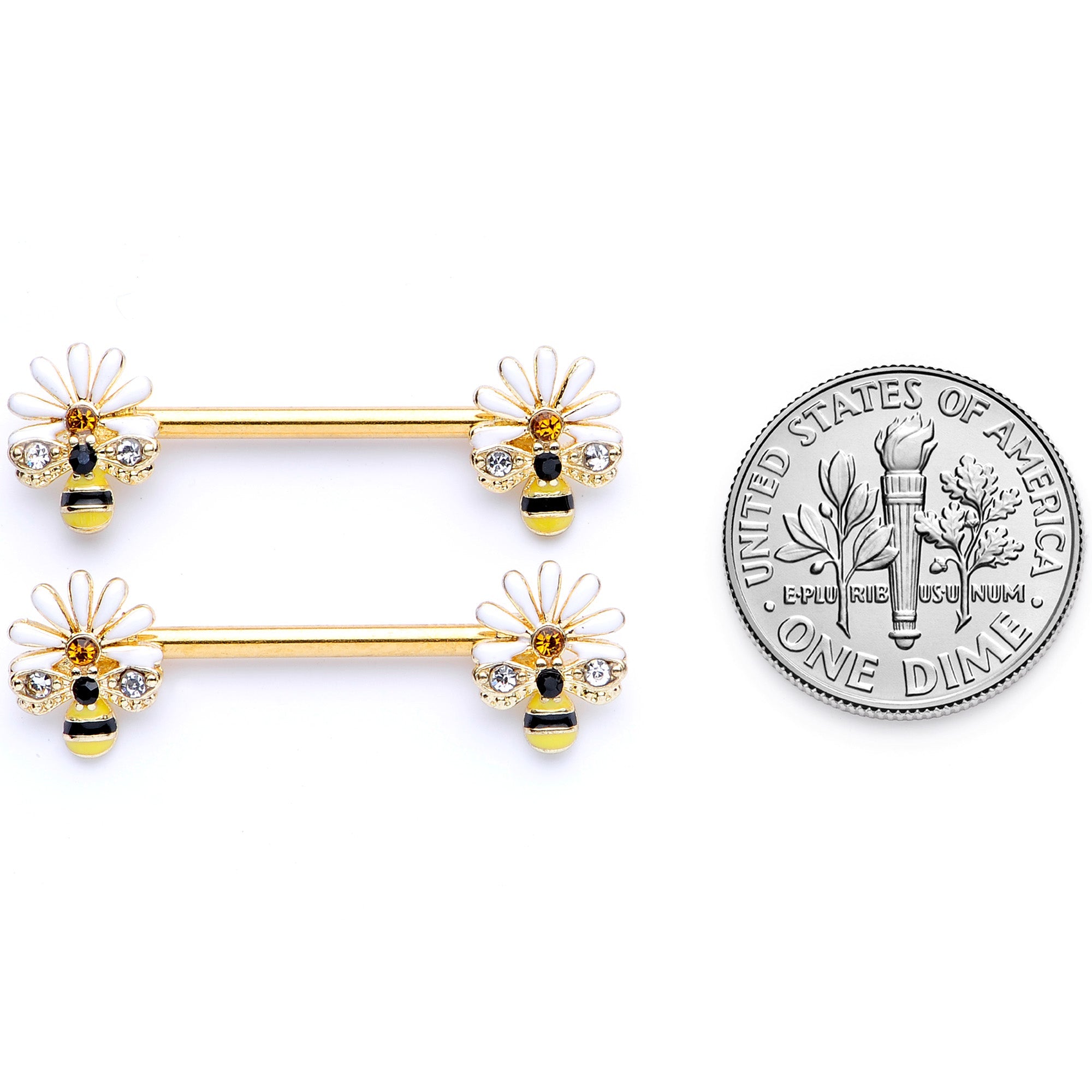 14G 9/16 Clear Gem Gold Tone Flower Bee Barbell Nipple Ring Set