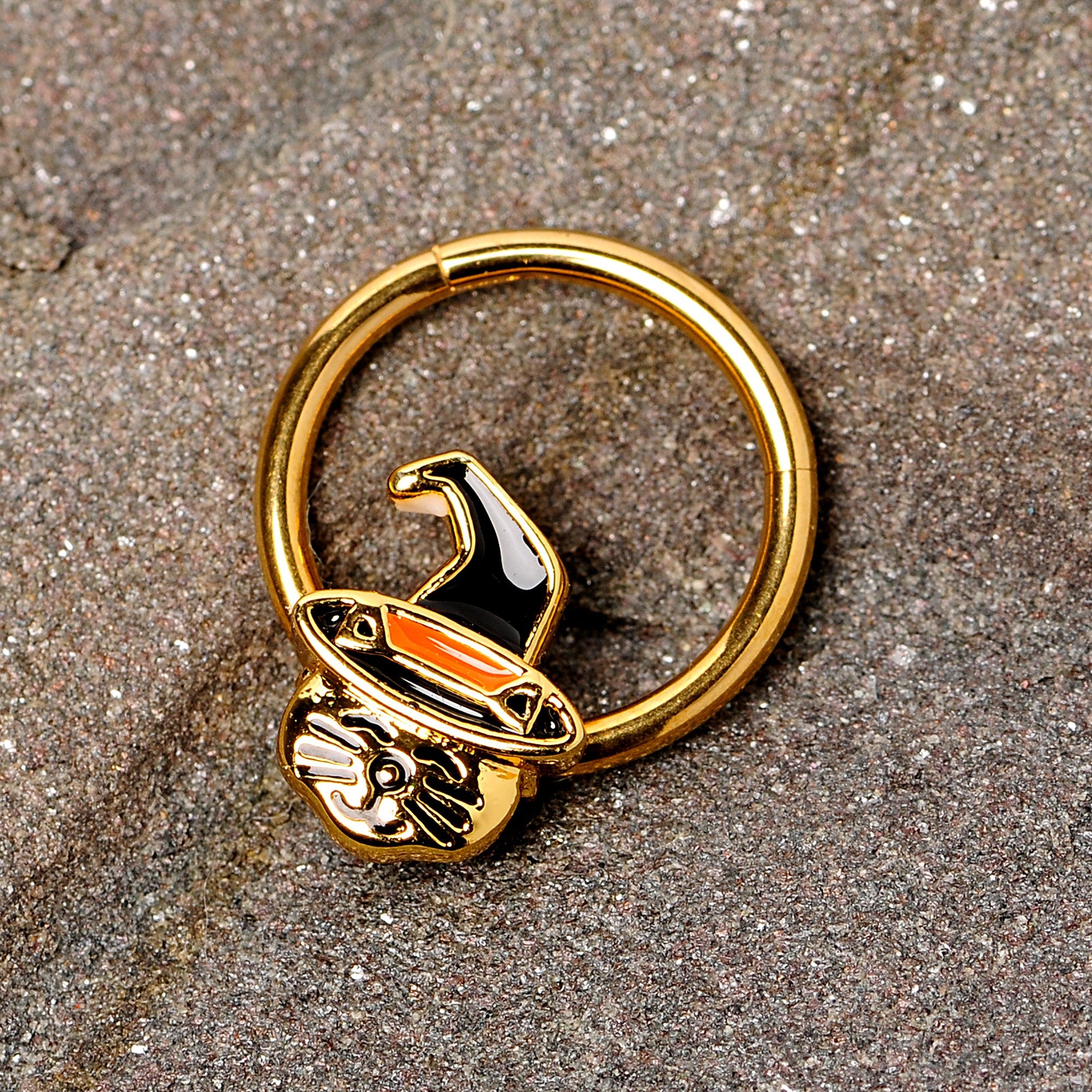 16G 3/8 Gold Tone Witch Hat Cat Halloween Hinged Segment Ring
