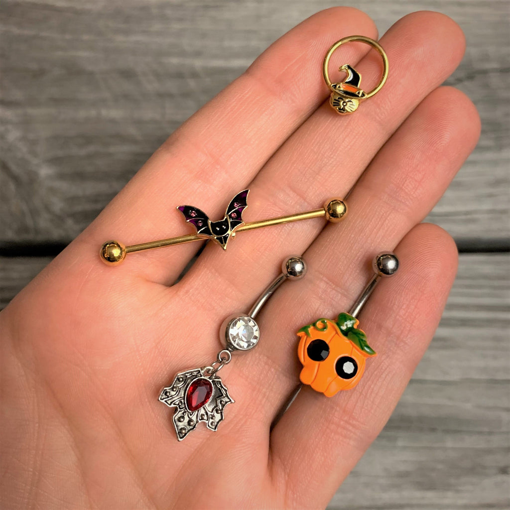 16G 3/8 Gold Tone Witch Hat Cat Halloween Hinged Segment Ring