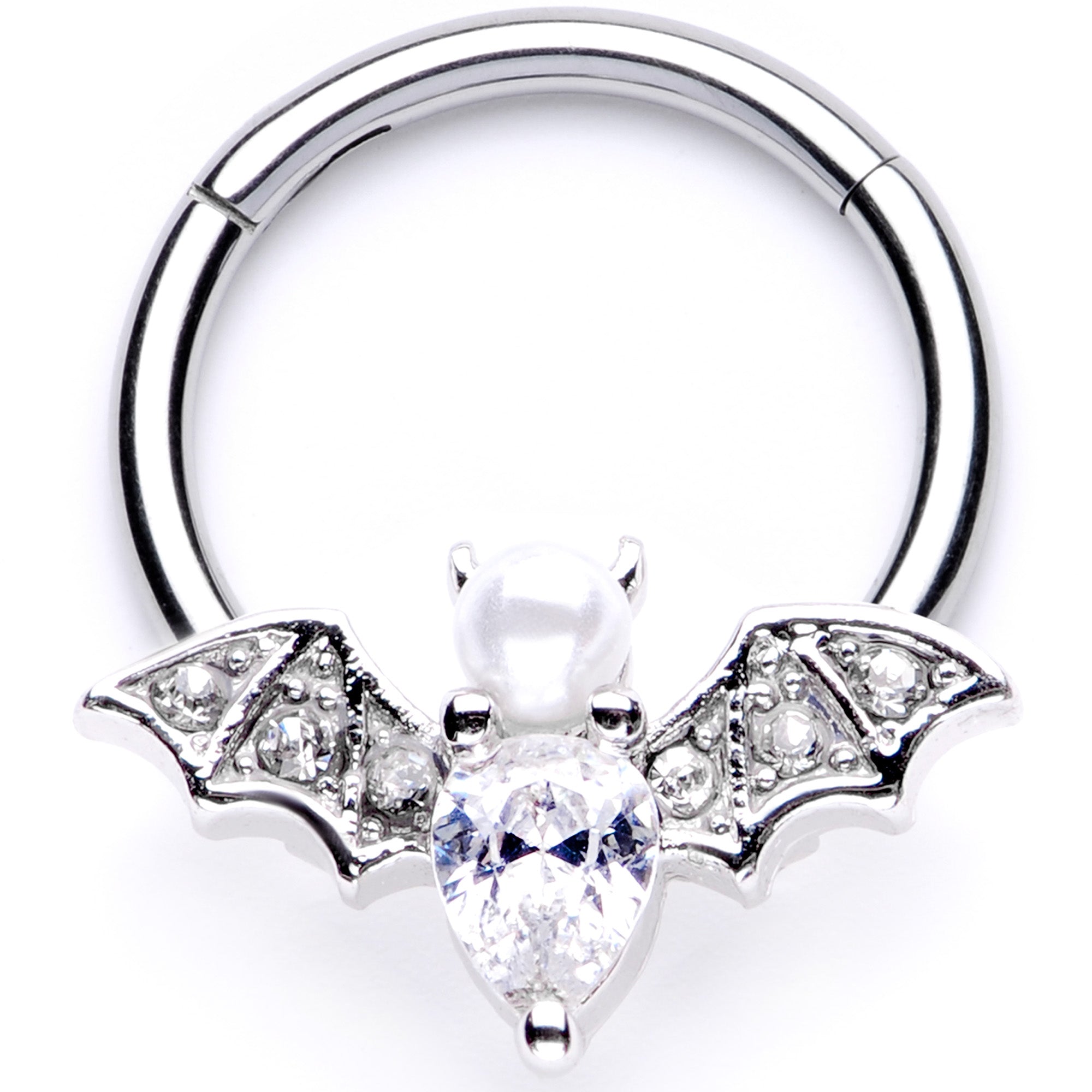 16G 3/8 Clear Gem Vampire Bat Halloween Hinged Segment Ring