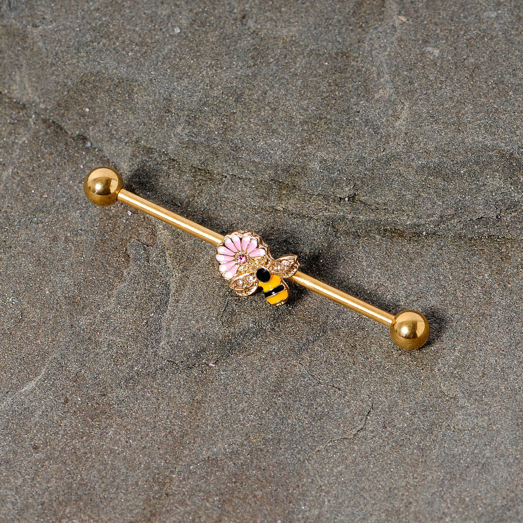 14G Pink Clear Gem Gold Tone Bee Blossom Industrial Barbell 38mm