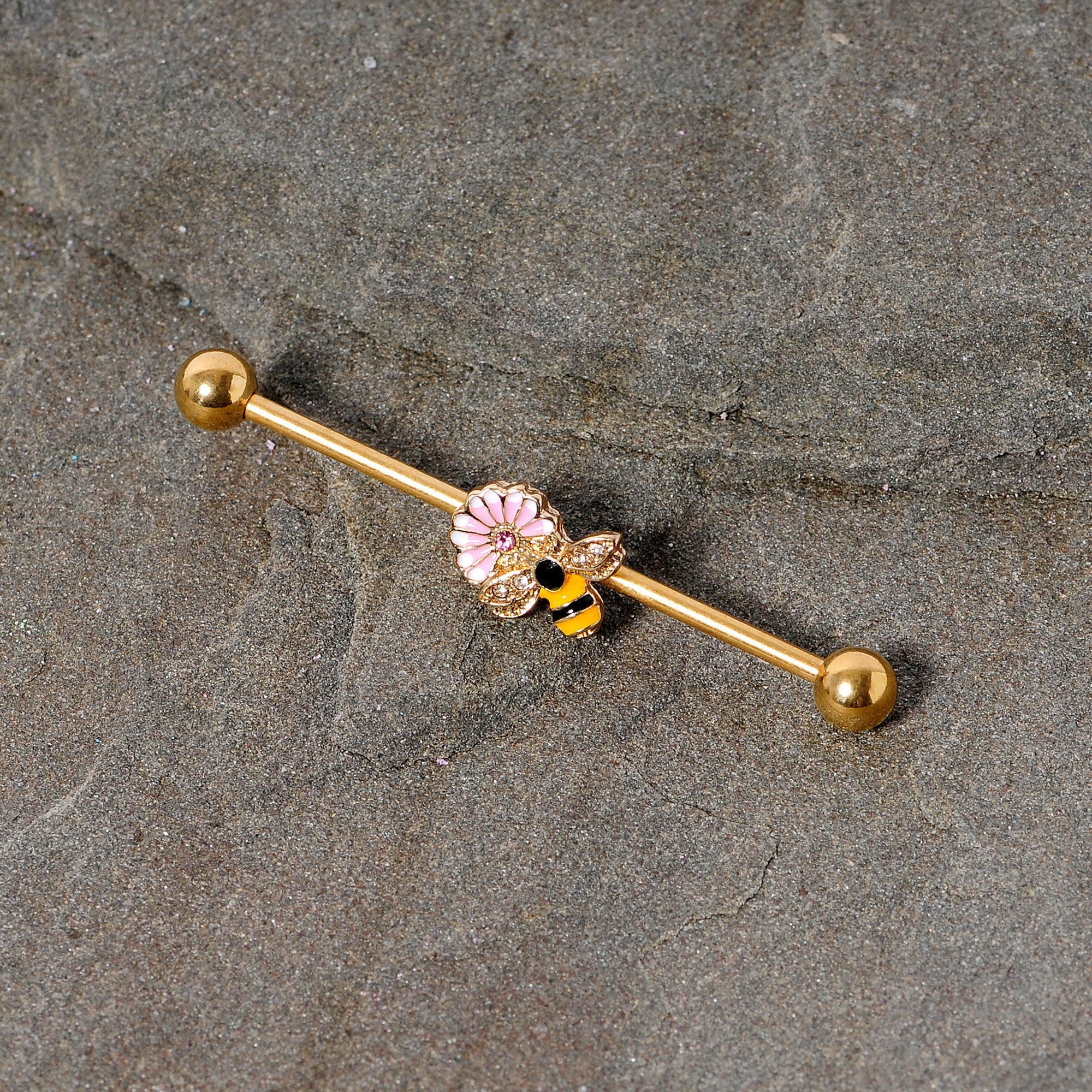 14G Pink Clear Gem Gold Tone Bee Blossom Industrial Barbell 38mm