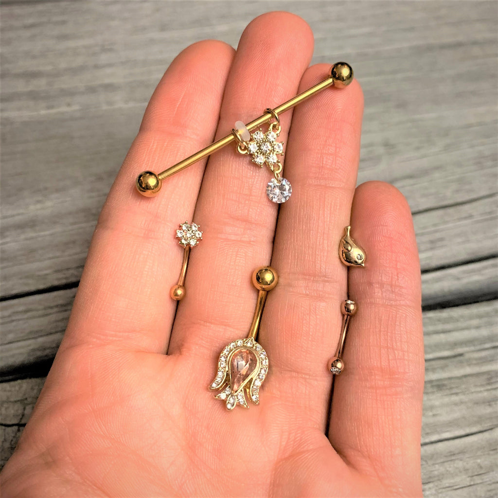 16G 5/16 Clear Gem Rose Gold Tone Curved Eyebrow Ring Set of 4