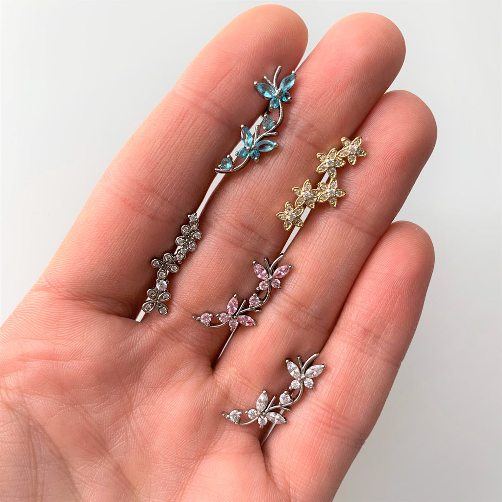 16G 1/4 Clear CZ Gem Gold Tone Fancy Flower Cartilage Tragus