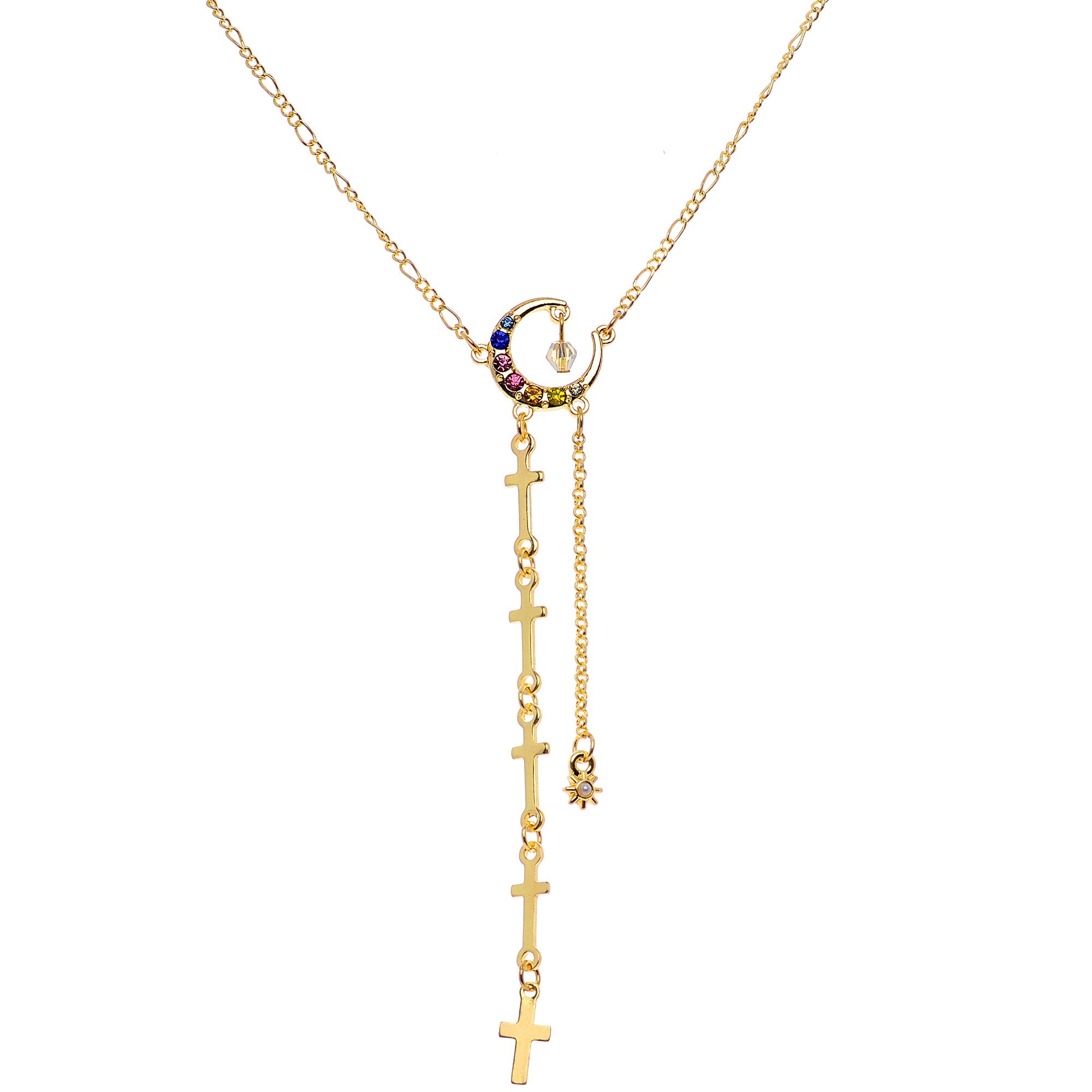 14G 9/16 Blue Pink Gem Gold Tone Moon Cross Dangle Nipple Chain
