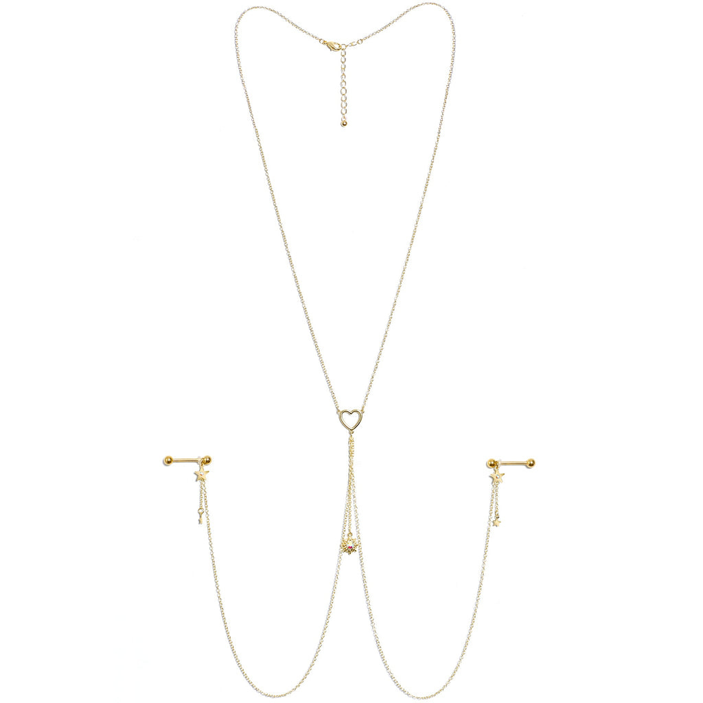 14G 5/8 Aurora Gem Gold Tone Sun Heart Star Nipple Chain Necklace