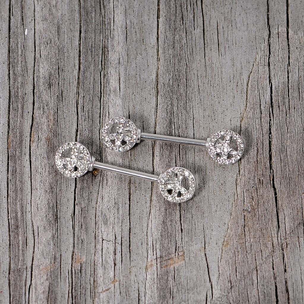 14G 9/16 Clear Gem Retro Peace Sign Barbell Nipple Ring Set