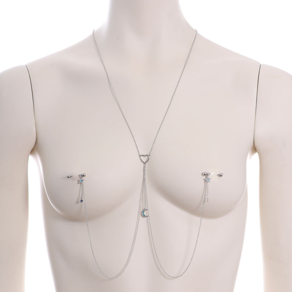 14G 5/8 Blue Gem Moon Heart Star Nipple Chain Necklace