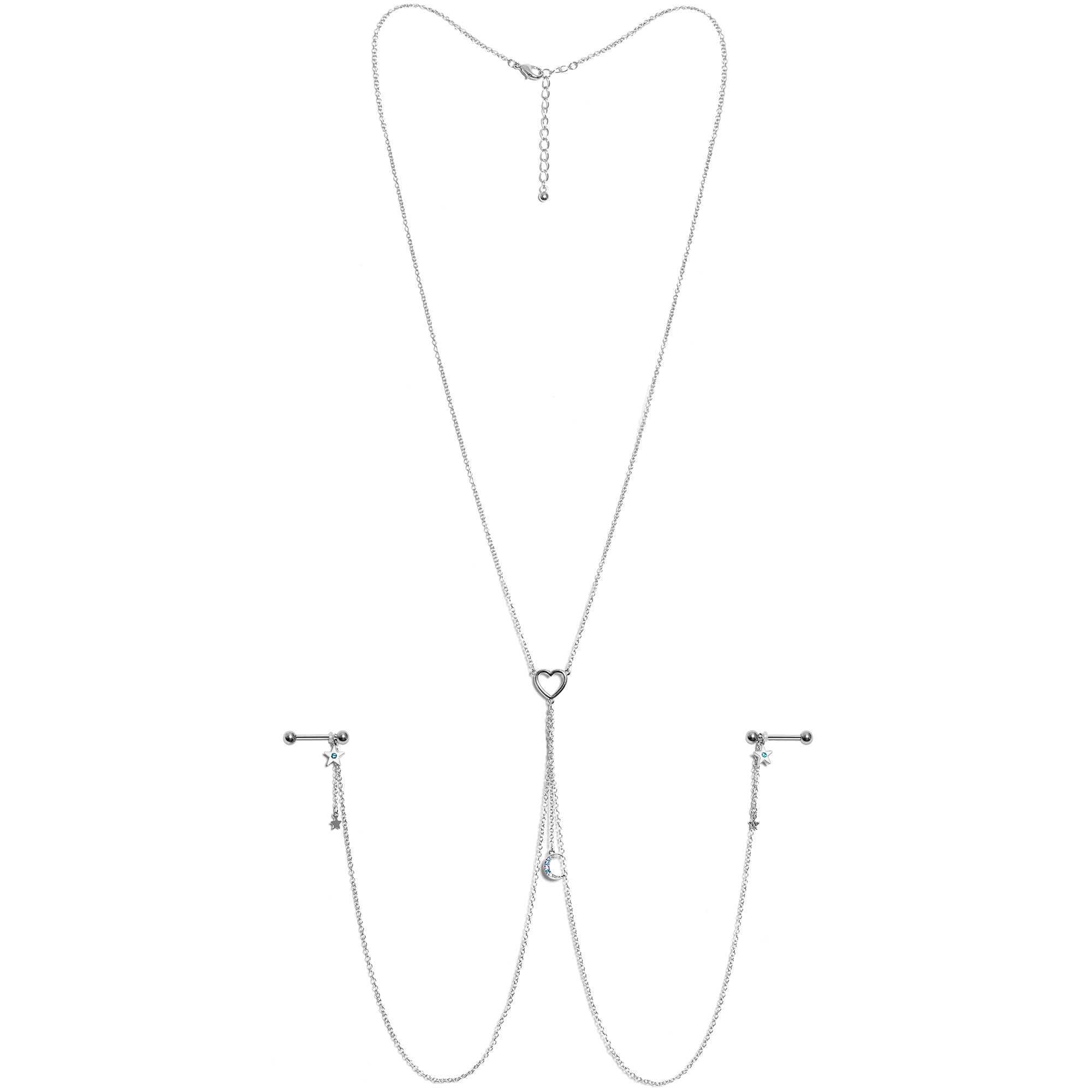 14G 5/8 Blue Gem Moon Heart Star Nipple Chain Necklace