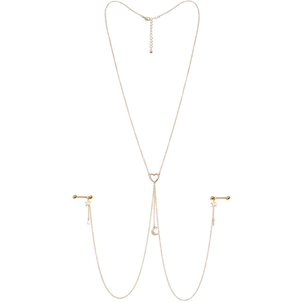 14G 5/8 Aurora Gem Gold Tone Heart Star Nipple Chain Necklace