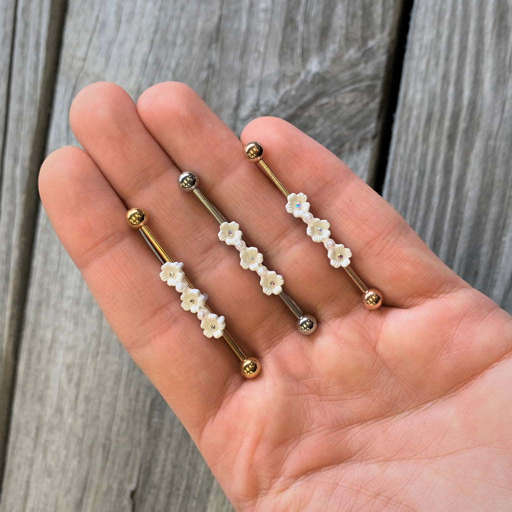 14G Clear Gem Gold Tone Flower Industrial Barbell 38mm