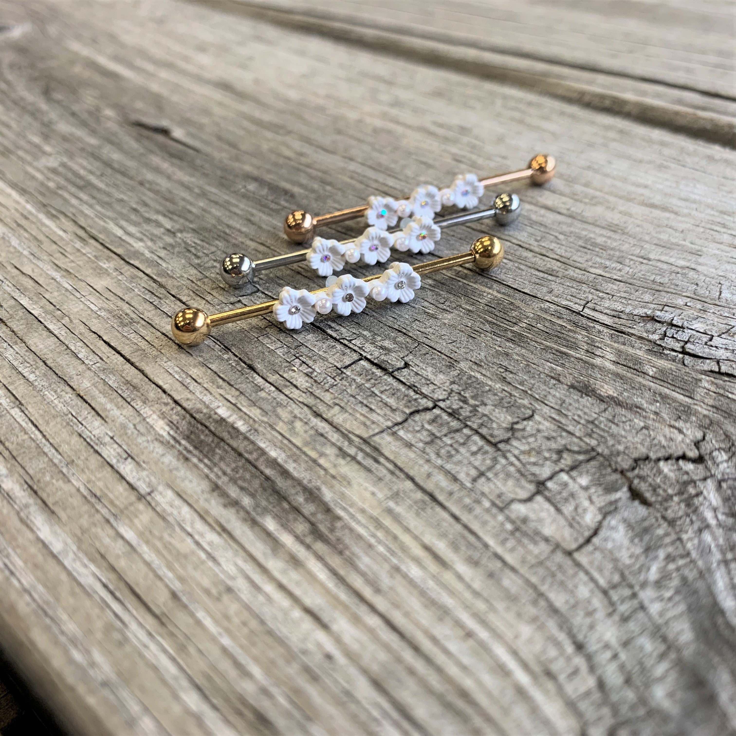 14G Aurora Gem Gold Tone Flower Industrial Barbell 38mm