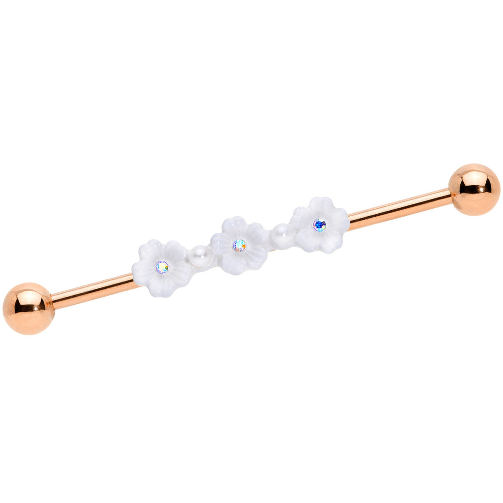 14G Aurora Gem Rose Gold Tone Flower Industrial Barbell 38mm