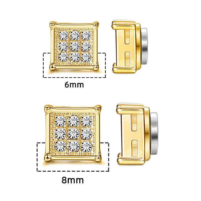 Magnetic Iced Out CZ Square Stud Earrings for Men Women, Non-Piercing Clip On Stainless Steel
