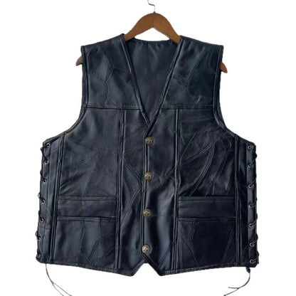 Classic Leather Biker Vest Mens WaistcoatPatchwork Sleeveless Jacket