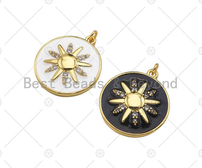 18K Gold Sunflower On Black White Enamel Round Coin Shape Pendant,CZ Micro Pave Enamel Medallion Charm, Enamel Jewelry, 24x21mm,Sku#B132