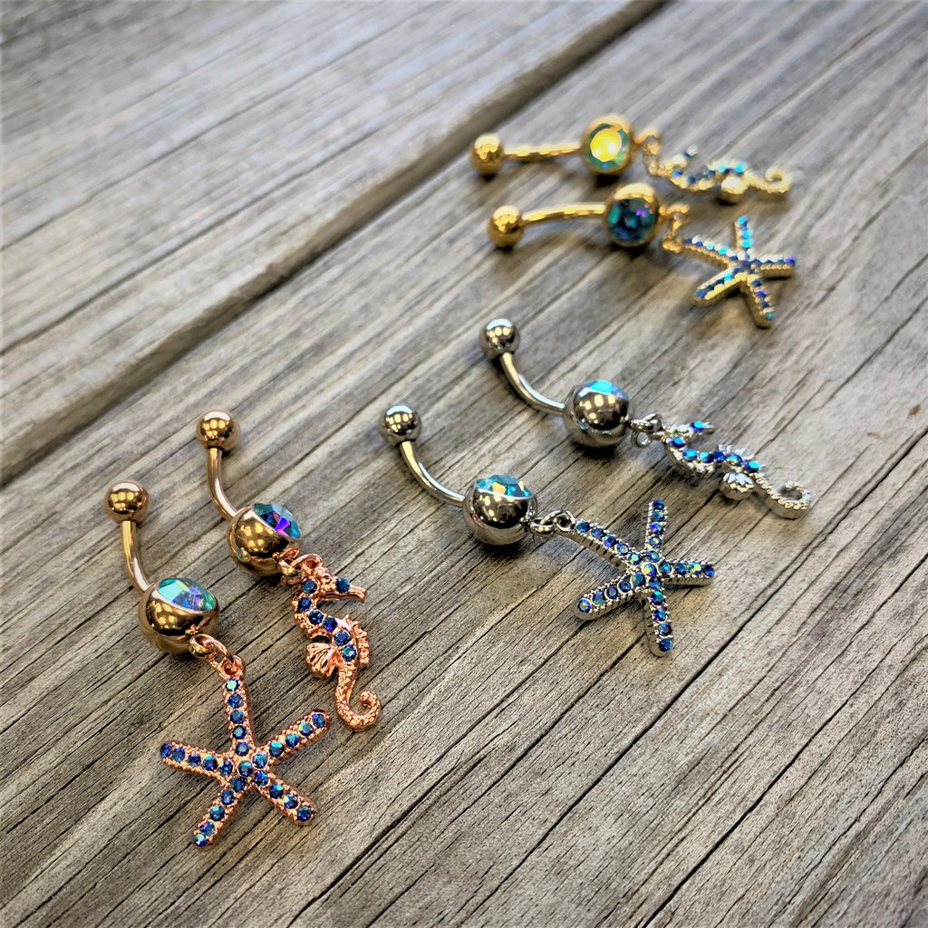 Blue Gem Starfish Seahorse Nautical Dangle Belly Ring Set of 2