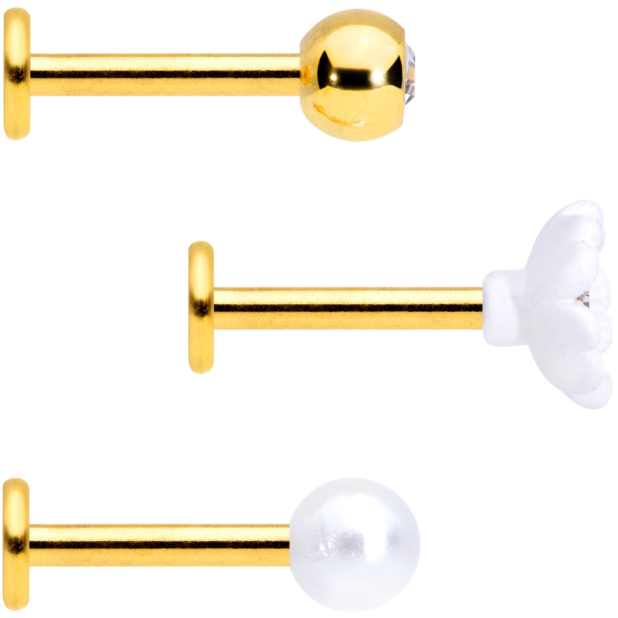 16G 5/16 Clear Gem Gold Tone Flower Labret Tragus Set of 3