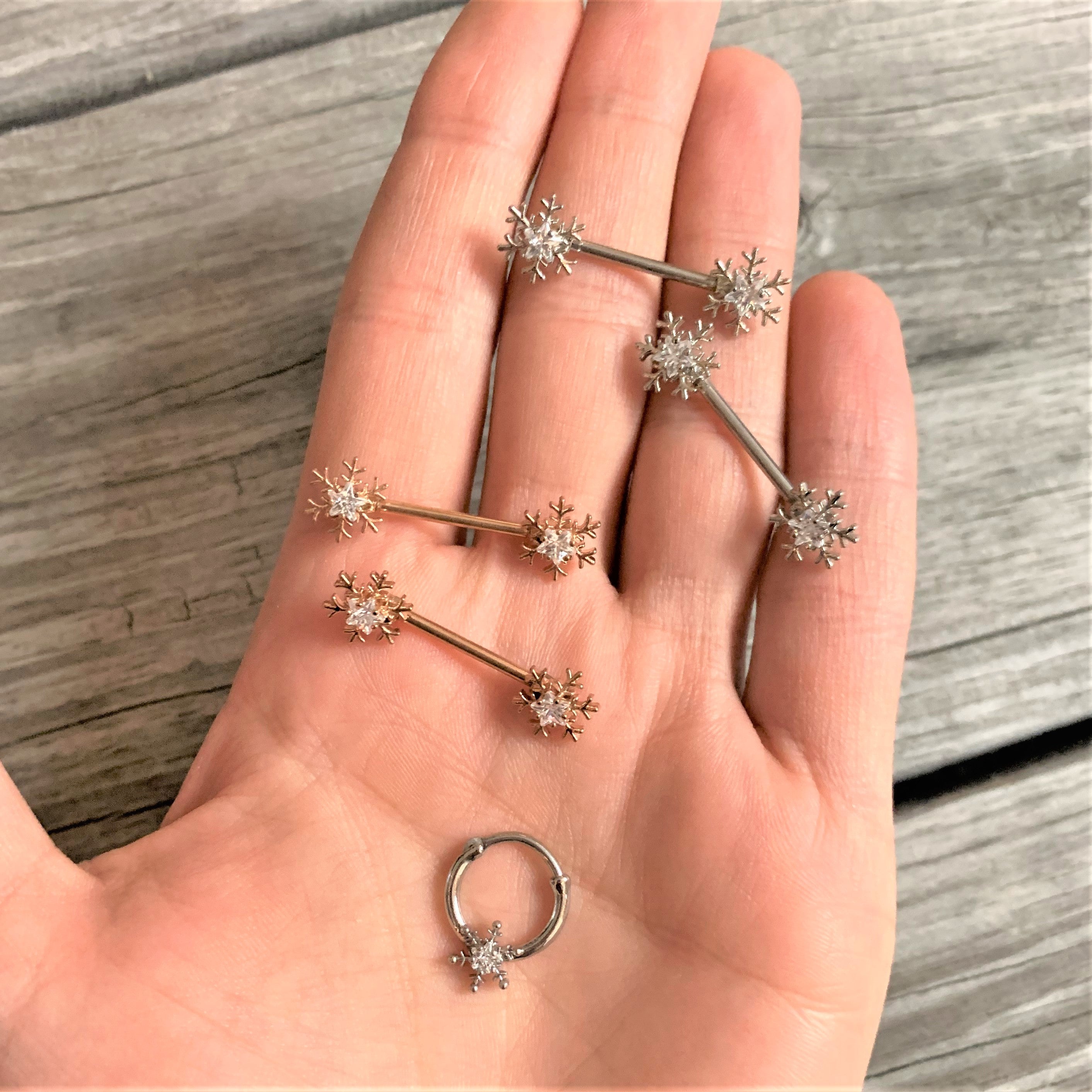 14G 5/8 Clear Gem Snowflake Barbell Nipple Ring Set