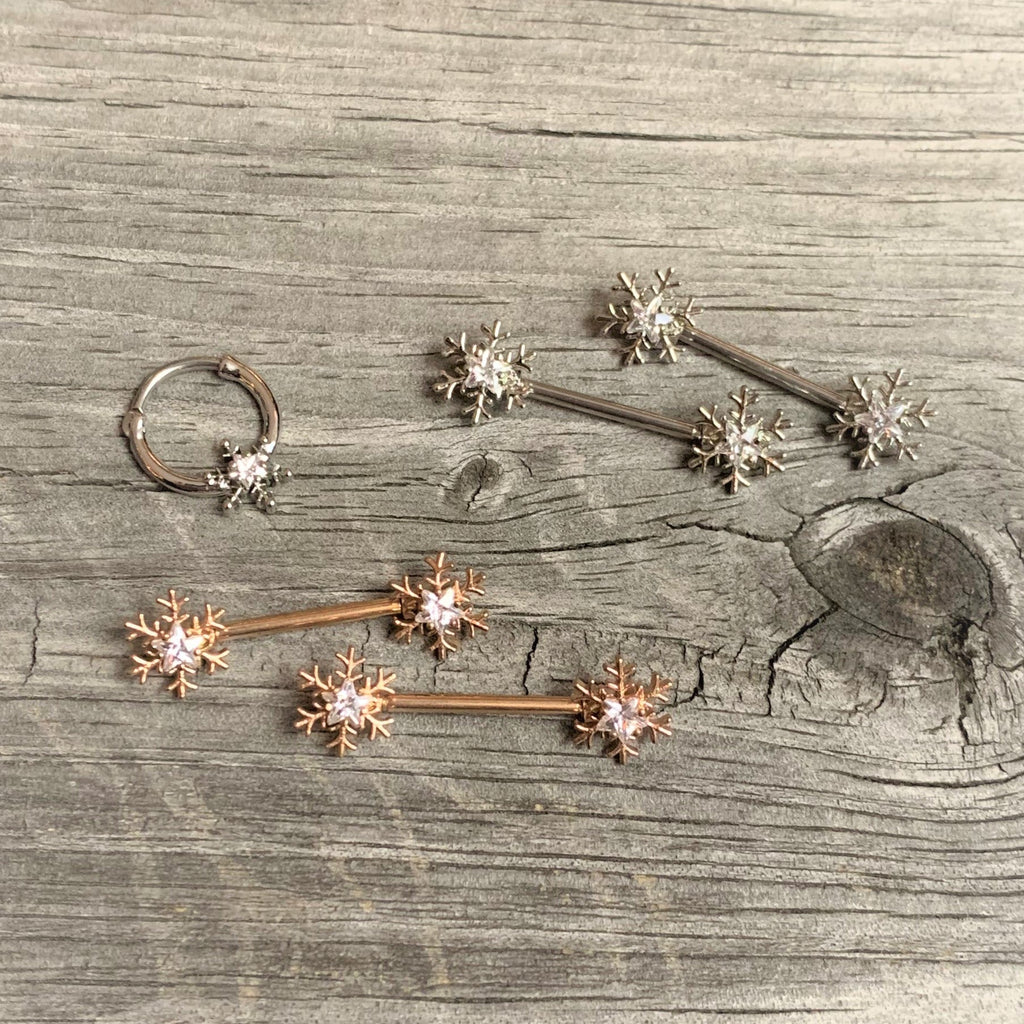 14G 5/8 Clear Gem Rose Gold Hue Snowflake Barbell Nipple Ring Set