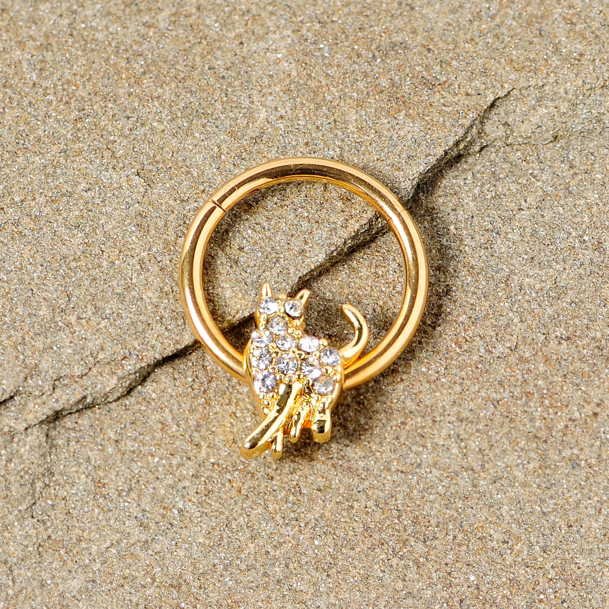 16G 3/8 Clear Gem Gold Tone Glamourpuss Cat Hinged Segment Ring