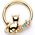 16G 3/8 Blue Clear Gem Gold Tone Cat Hinged Segment Ring