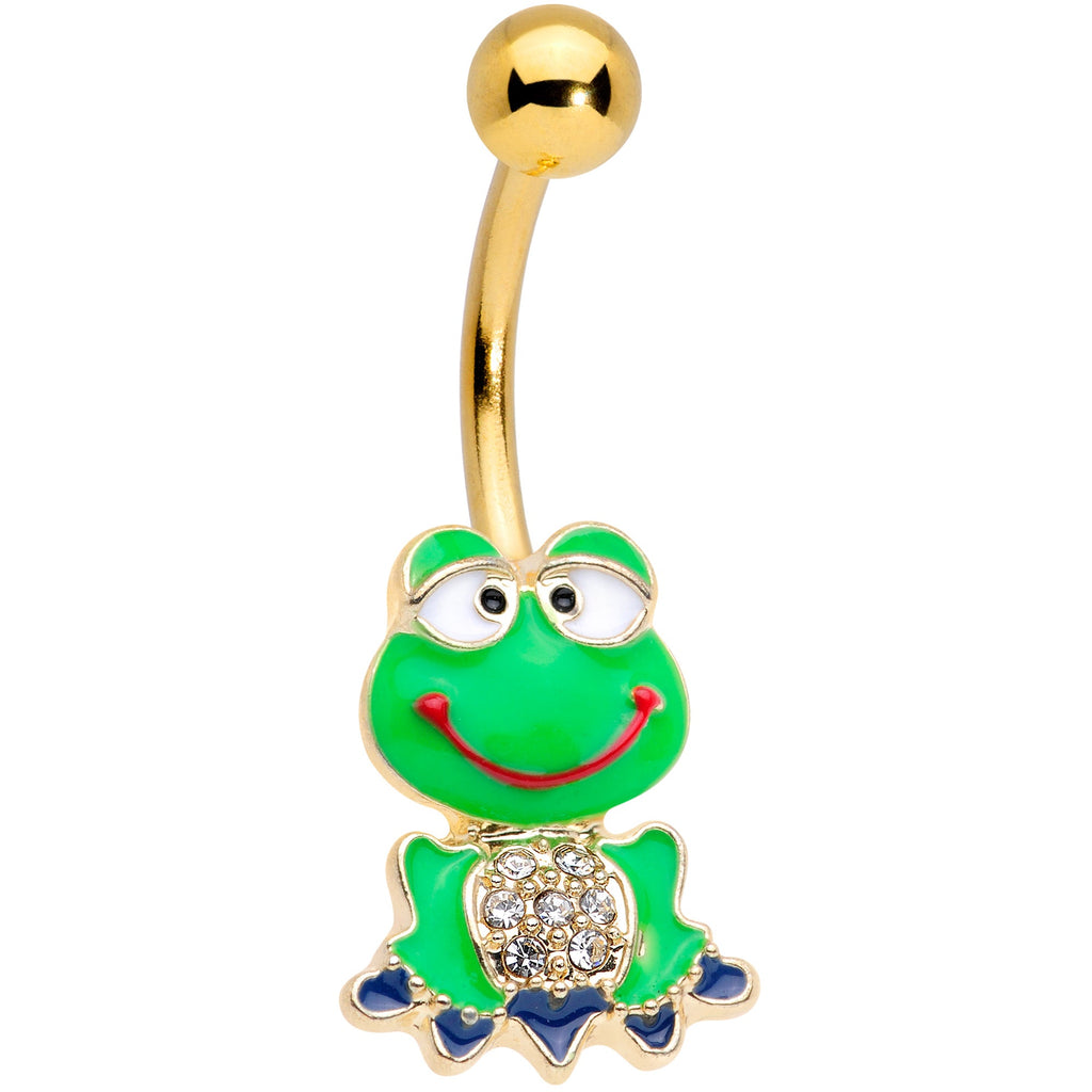 Clear Gem Gold Tone Green Goofy Frog Belly Ring
