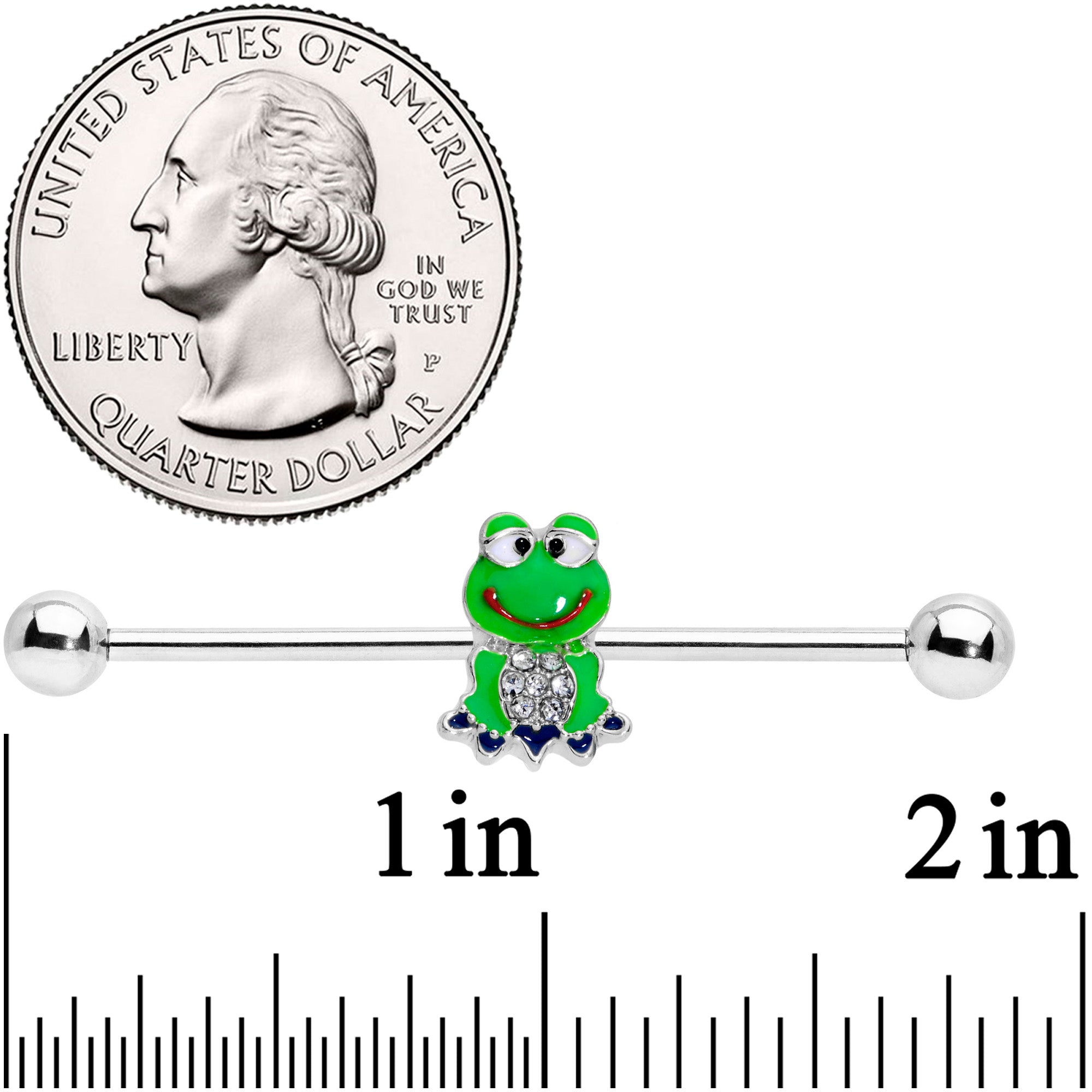 14G Clear Gem Green Goofy Frog Industrial Barbell 38mm